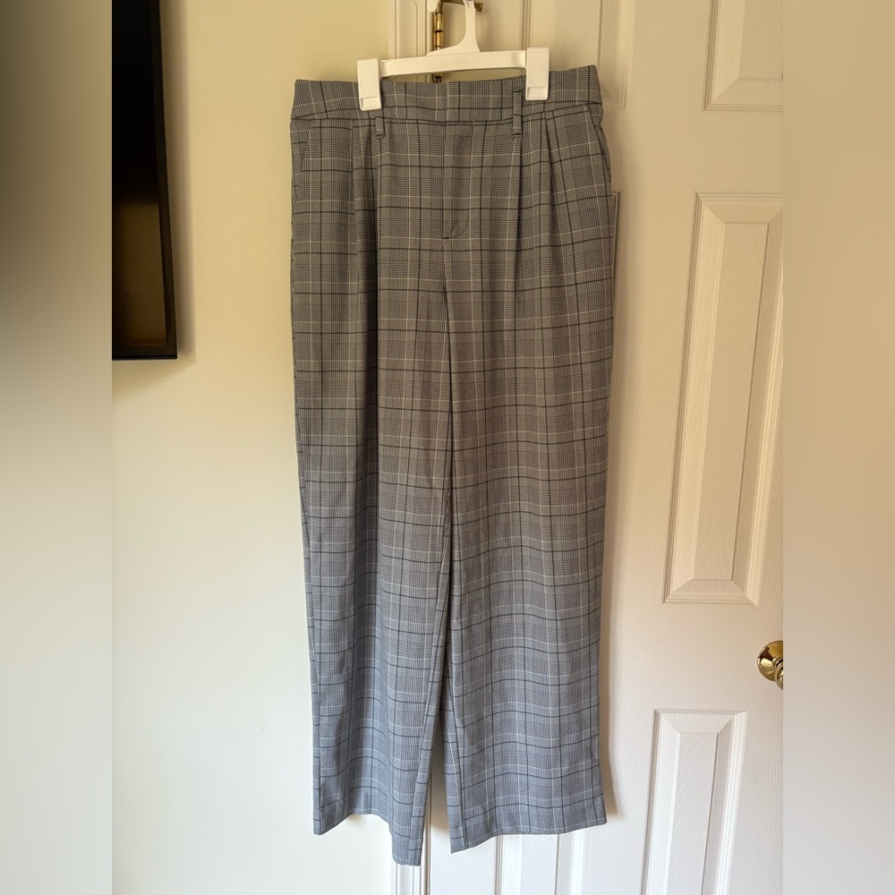 A New Day Gingham Wide-Leg Pants – Size 8, Grey/Black, Flowy Workwear, Worn Twic